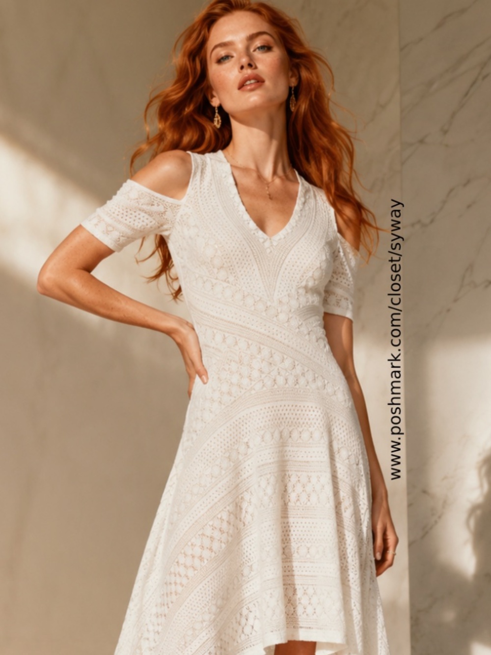 BCBGMaxAzria Odette Off-White Cold-Shoulder Handkerchief-Hem Lace Dress